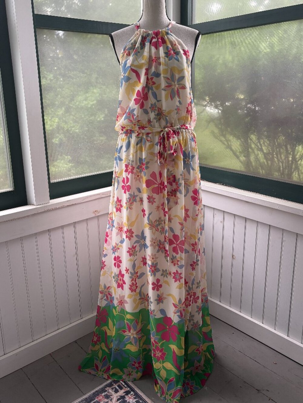 ModCloth | Cream Floral Halter Maxi Dress, Green Border | Size XL | NWT